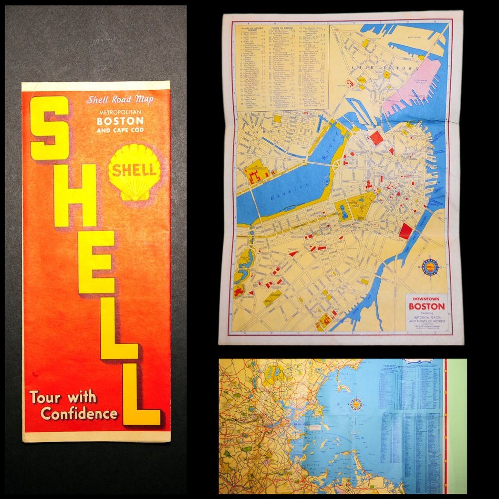Vintage 1930's BOSTON & Cape Cod Road Travel Map Shell Oil Wall Decor Grad Gift